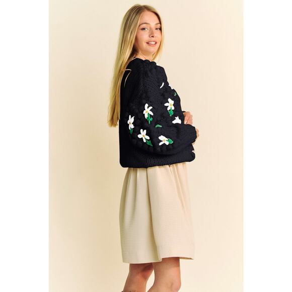 Davi & Dani Embellishments Floral Print Button Up Chunky Knit Cardigan | Black - Picture 4 of 9